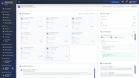 Agent Orchestration view displaying 8-agent network (Campaign Orchestrator, Audience Intelligence, Creative Strategist, Bid Optimizer, Performance Forecaster, Market Intelligence, GenAI Content Creator, Privacy & Compliance) with real-time status, token usage metrics, tool execution history, and LLM reasoning trace with agent messages.