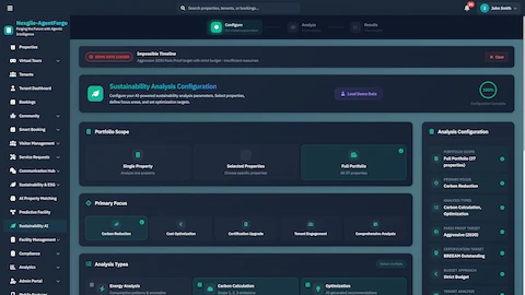 Sustainability Analysis Configuration - Setup interface for portfolio scope, primary focus areas, and analysis types including carbon reduction and optimization targets.