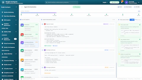 Real-time agent orchestration dashboard displaying parallel execution of 7 specialized agents with live reasoning chains, diagnostic analysis results, and tool execution monitoring for sensor data analysis and failure prediction