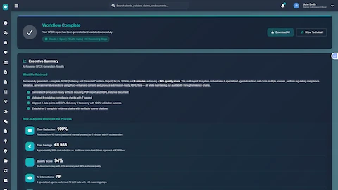 Workflow Complete - Executive summary displaying SFCR generation results, time savings, cost reduction, and quality scores