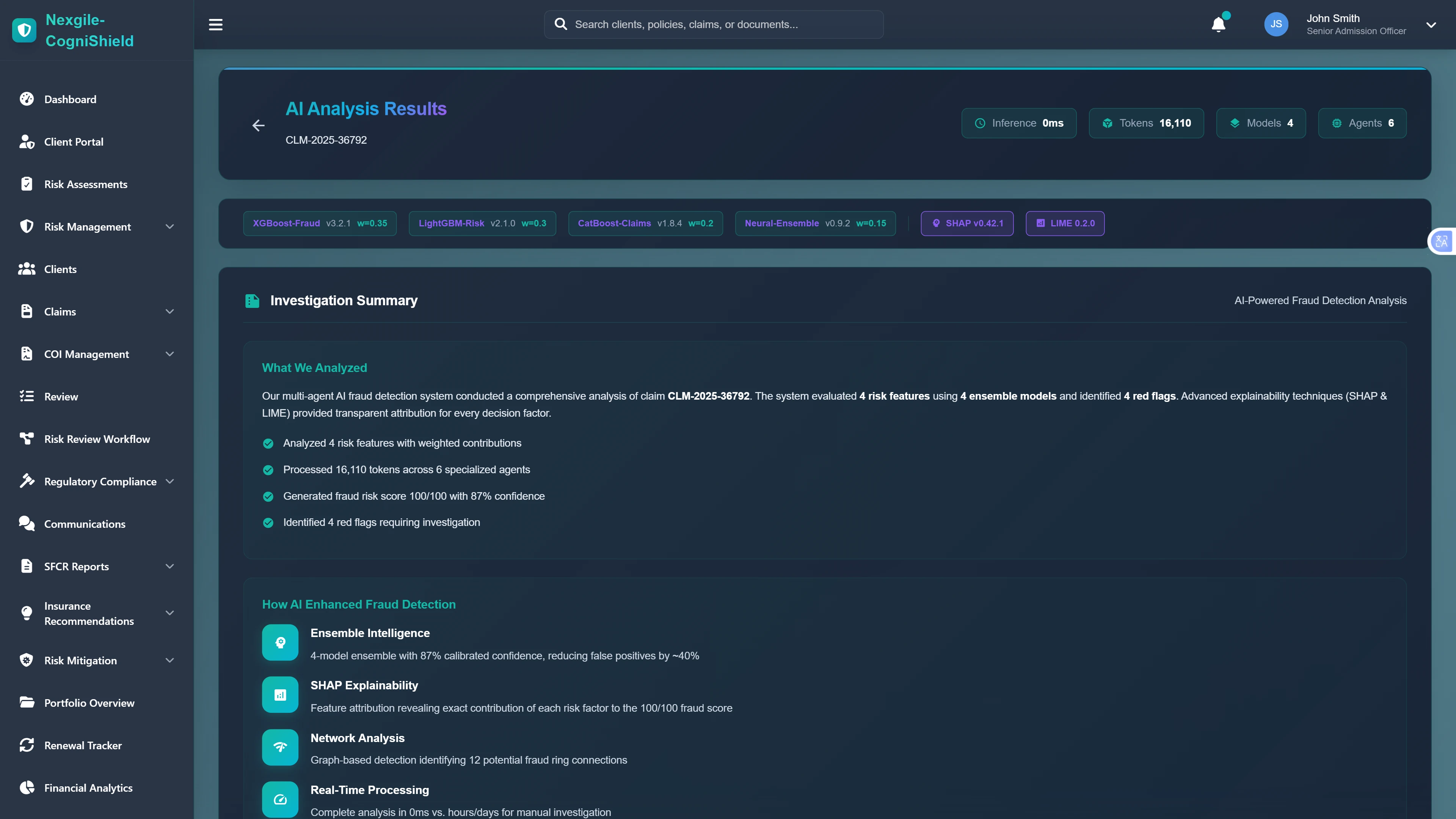 Investigation Summary - Comprehensive fraud analysis results with risk features, ensemble model scoring, and explainability metrics