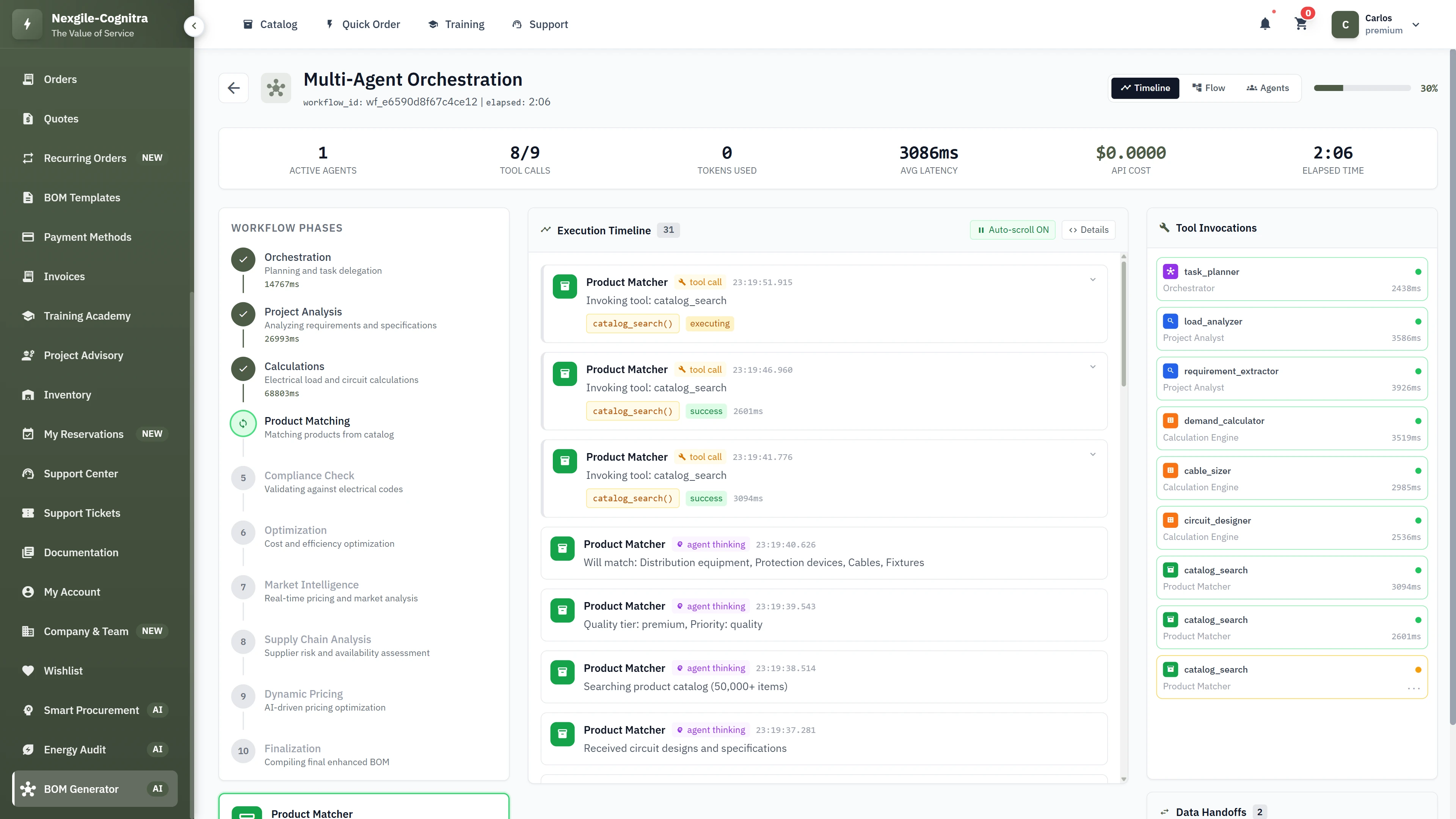 Multi-agent orchestration workflow showing 9 specialized agents processing BOM generation phases