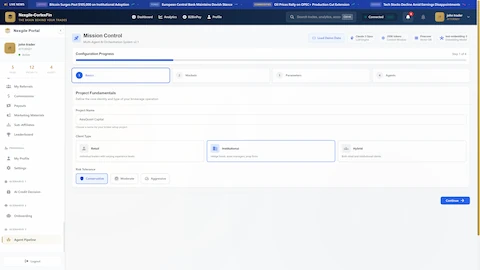 Mission Control Configuration - Project setup wizard displaying basics configuration step with project fundamentals (AsiaQuant Capital, Institutional client type, Conservative risk tolerance)