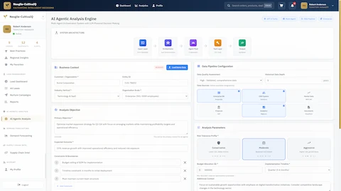 Initial configuration interface for multi-agent business analysis showing system architecture, business context setup, and analysis parameters