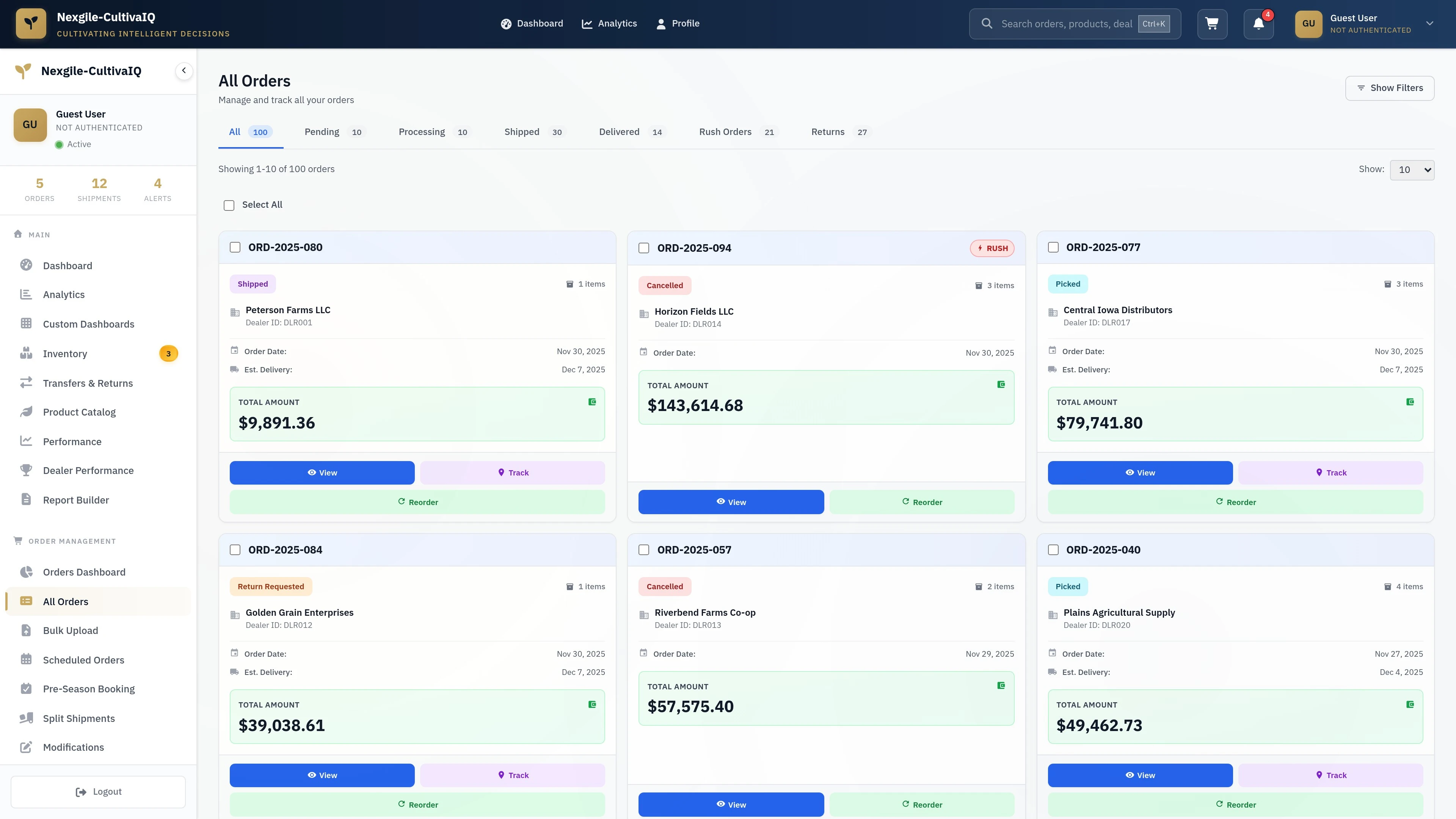 Orders List - Order management interface showing active orders