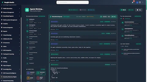 Agents Working view showing ReAct reasoning loop with chain-of-thought processing, execution pipeline stages, tool invocations, and agent memory.