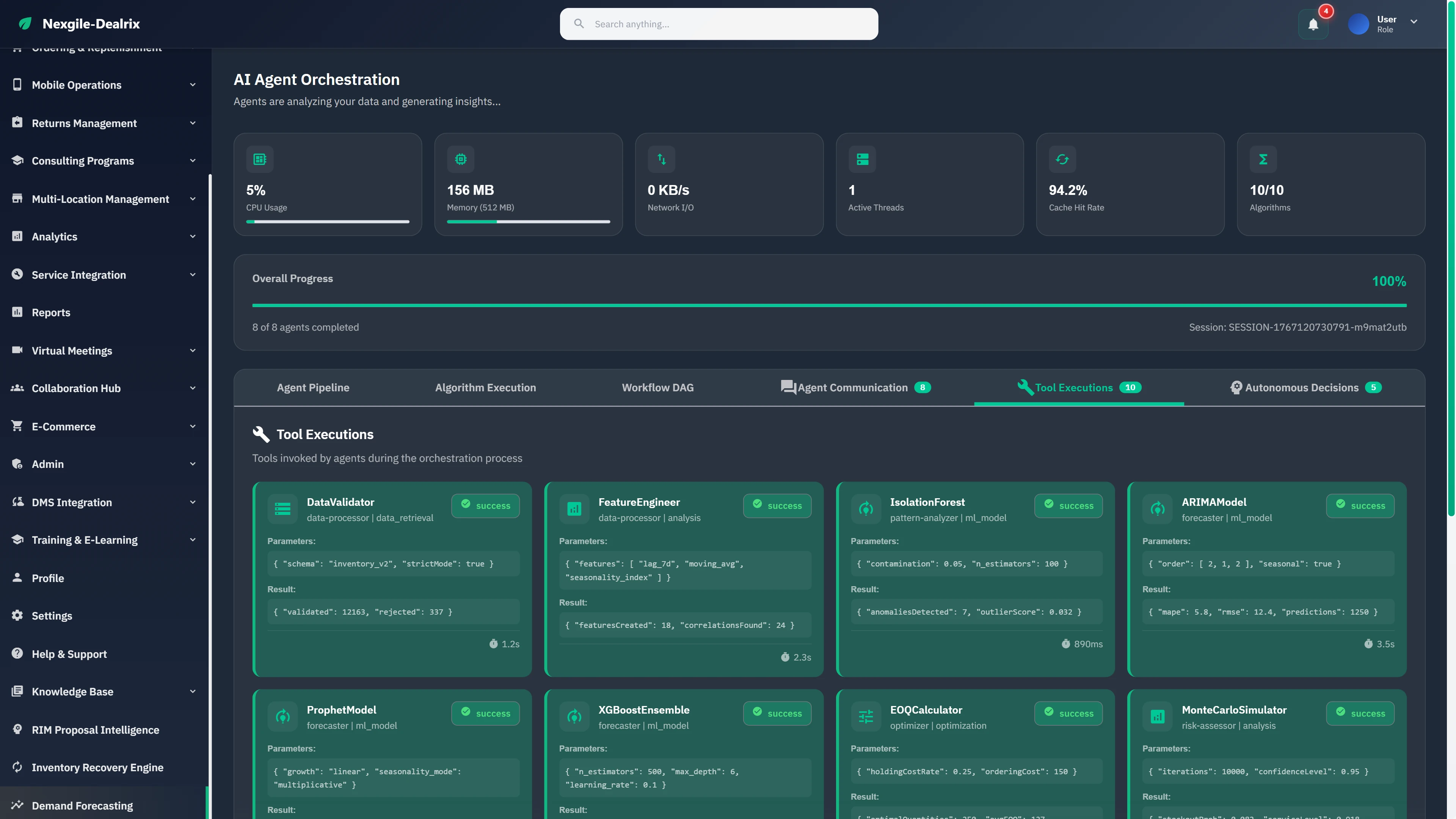 Tool Executions view with 10/10 algorithms completed including DataValidator, FeatureEngineer, IsolationForest, ProphetModel, XGBoostEnsemble, and MonteCarloSimulator.