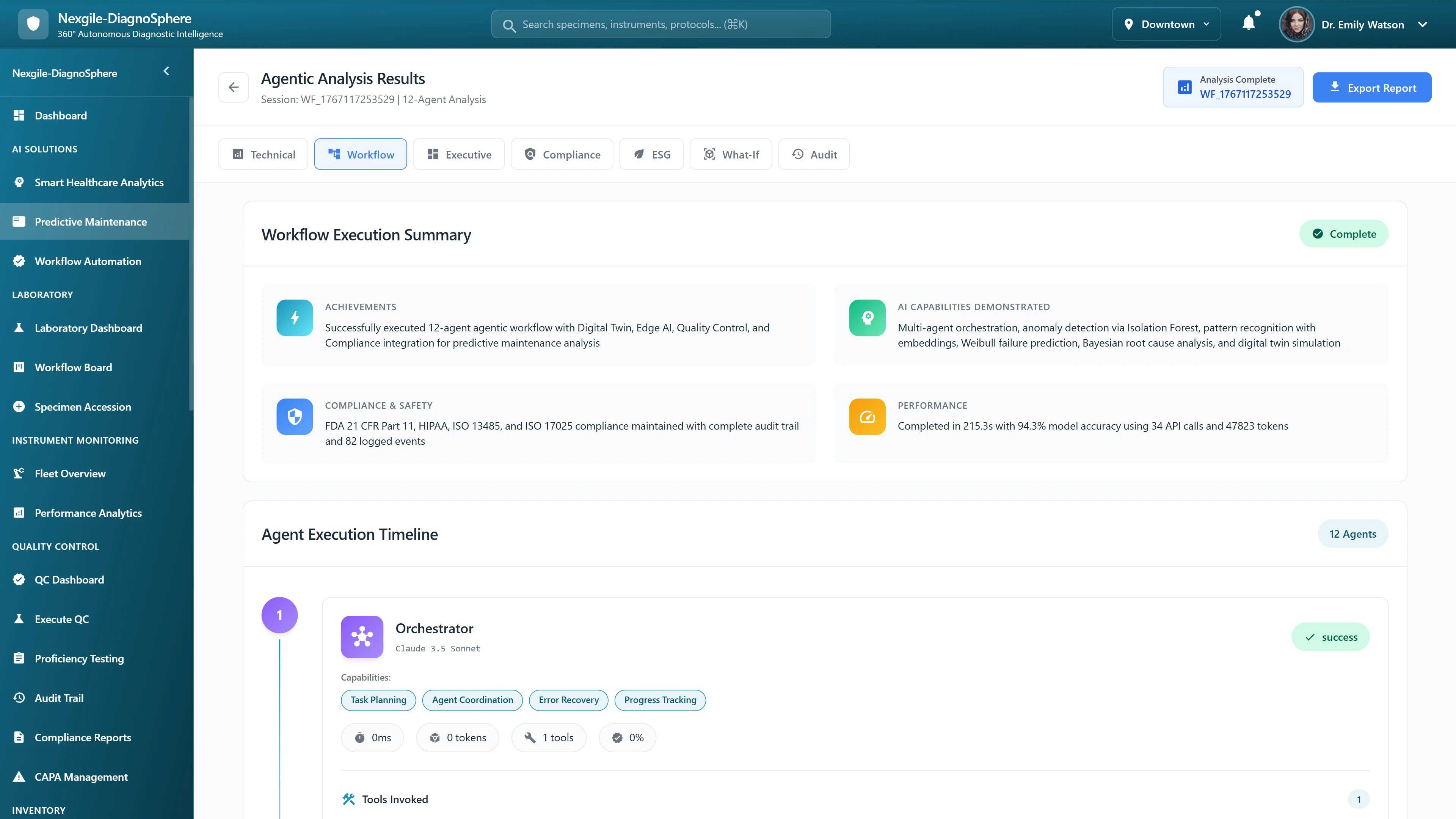 Workflow Execution Summary - Compliance documentation, AI capabilities demonstrated, and agent execution timeline