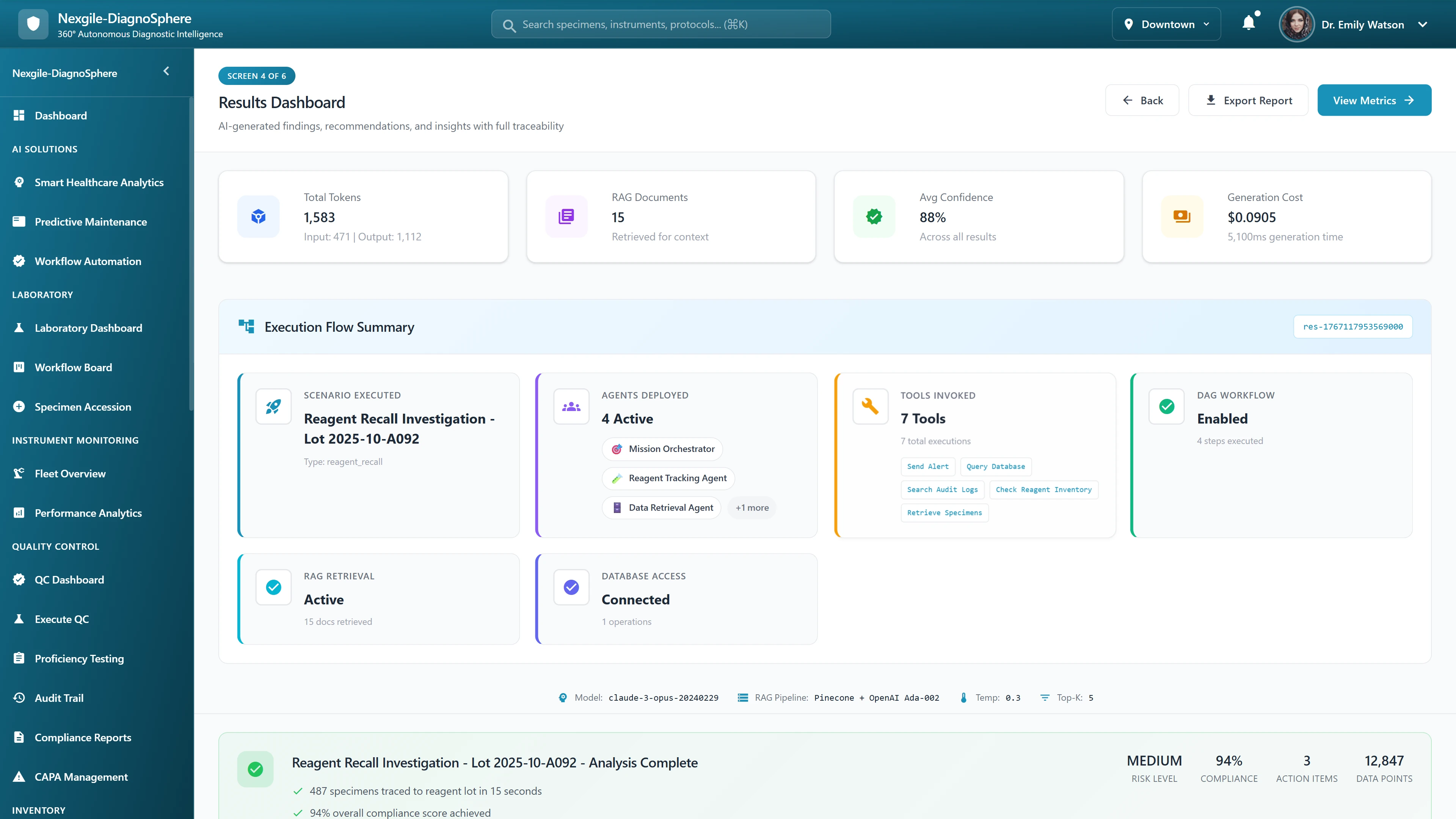 Results Dashboard - Comprehensive findings with reagent recall impact analysis and compliance scoring