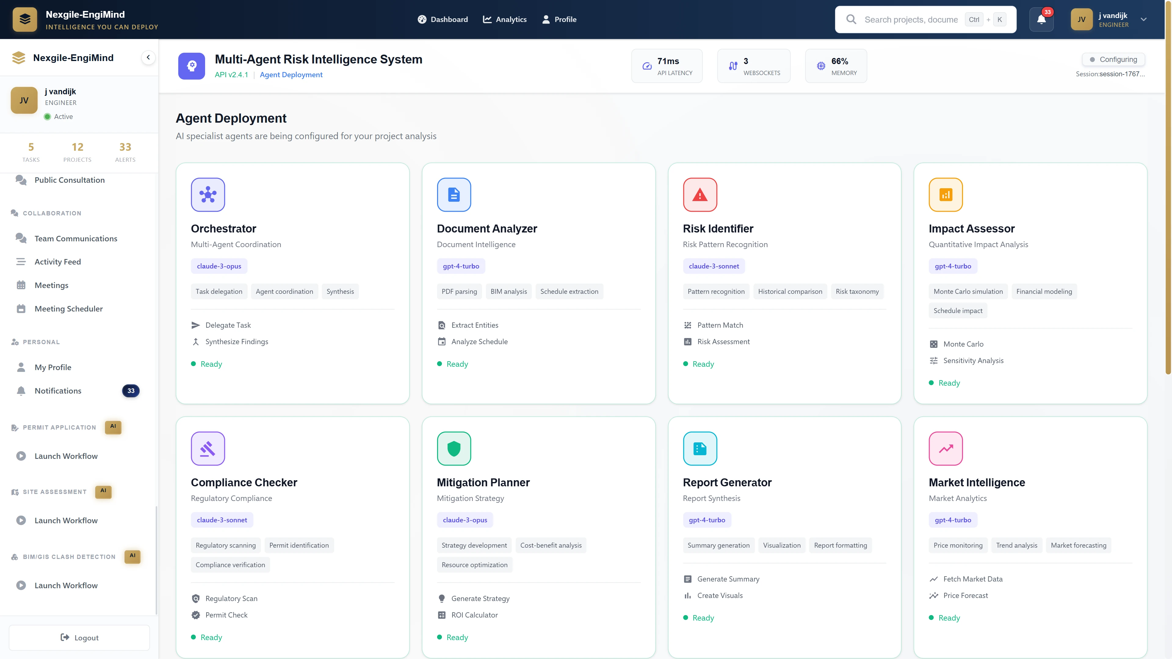Agent Deployment showing 8 specialized AI agents for technical, financial, regulatory, environmental, schedule, and operational risk assessment