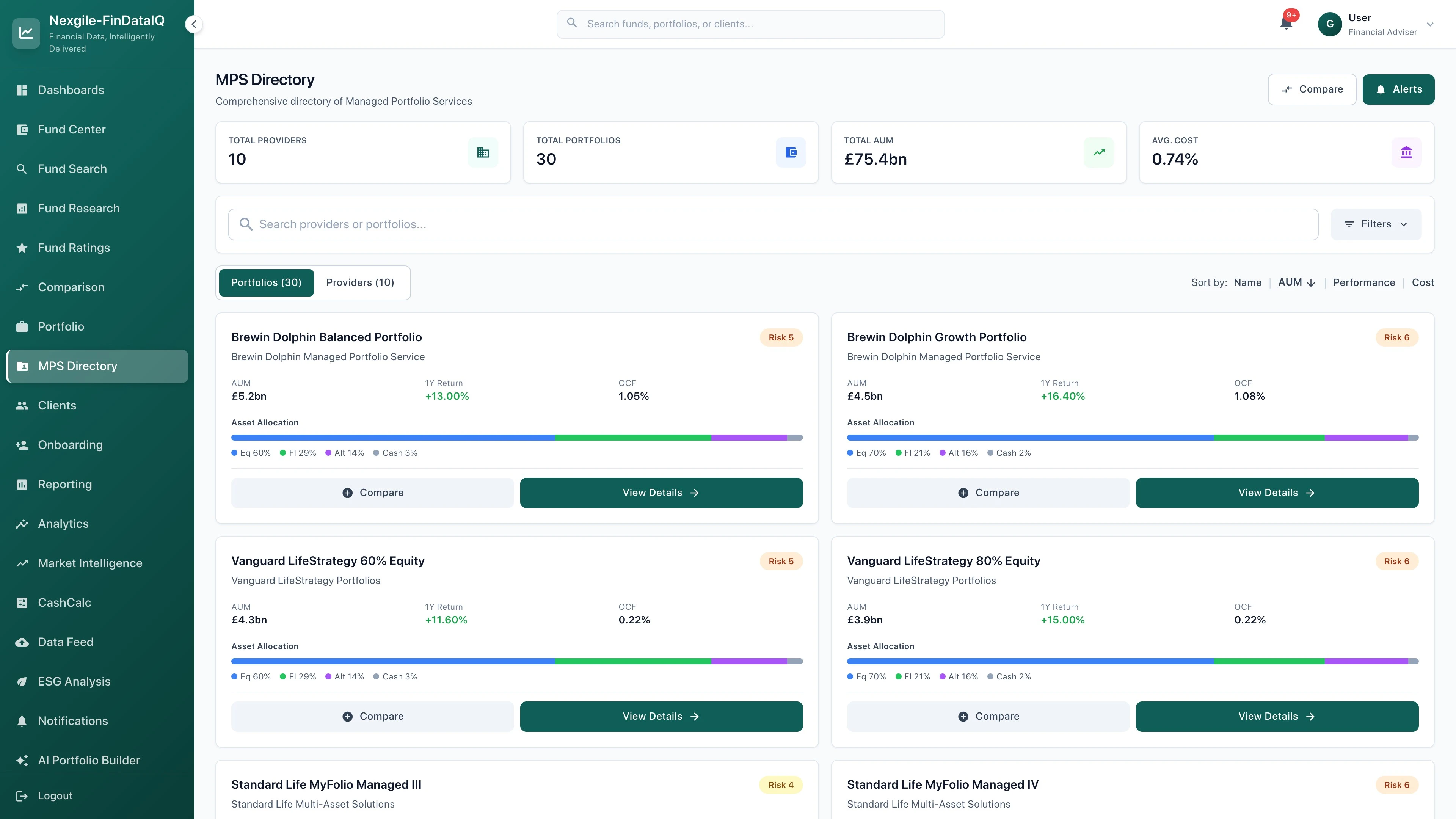 MPS Directory - Model Portfolio Service listing and comparison interface