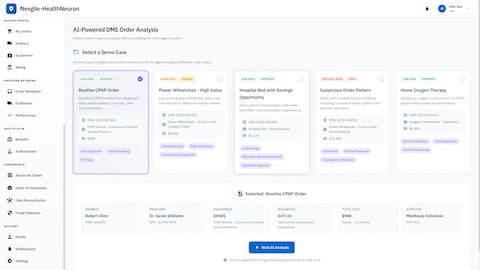 Order analysis demo selection interface presenting 5 pre-configured scenarios including routine approvals, high-risk reviews, cost optimization opportunities, and critical fraud cases with detailed member and provider information