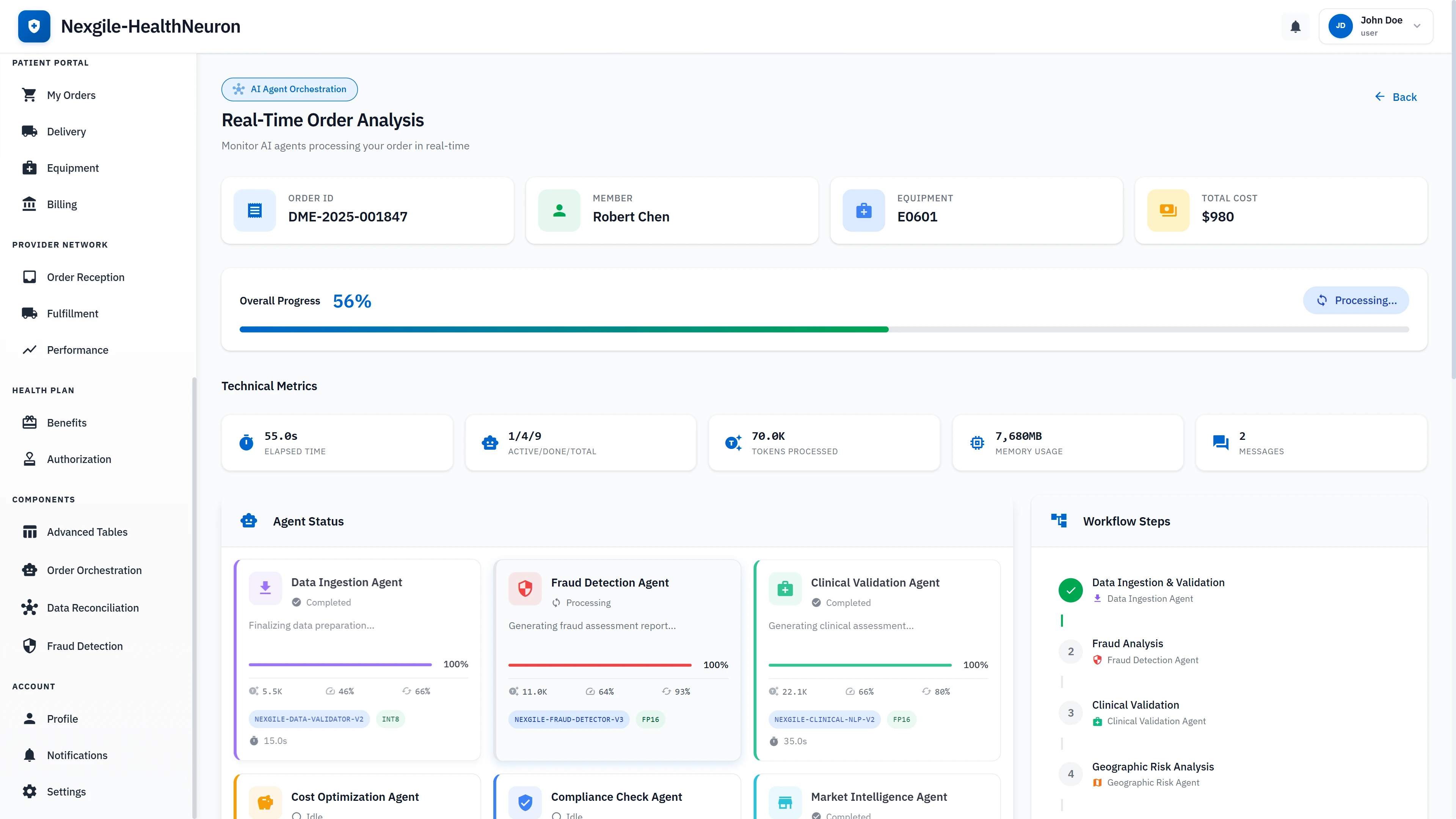 Real-time multi-agent analysis monitoring at 56% completion showing 10 agents processing with detailed technical metrics including token usage, memory consumption, and workflow step progression