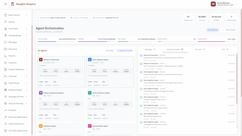 Agent orchestration execution view with system infrastructure metrics, agent performance monitoring, and real-time activity logging