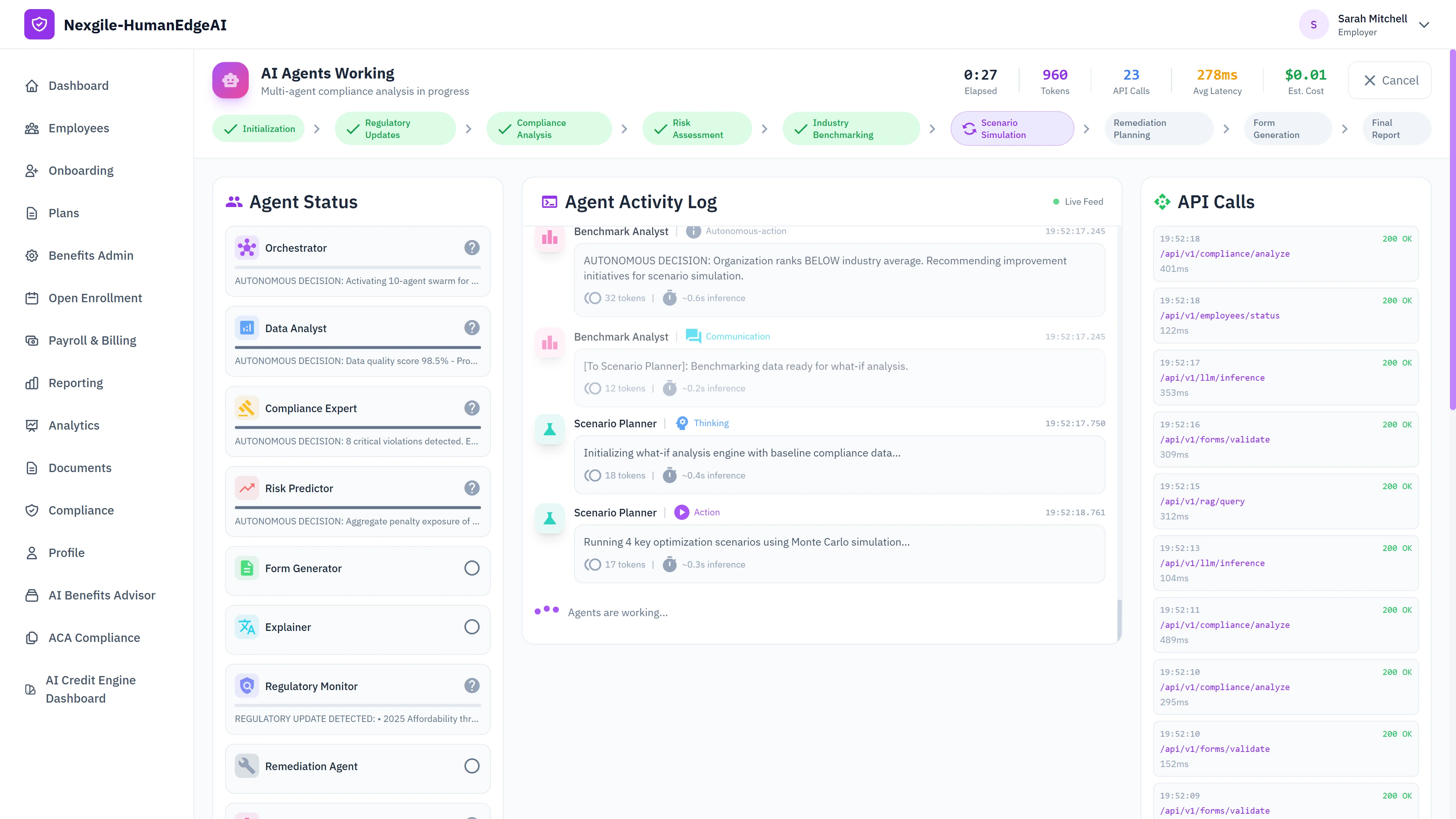 Multi-agent compliance analysis dashboard showing 10 AI agents working in parallel with real-time status indicators, agent activity log with benchmark analyst and scenario planner actions, live API calls monitoring, and workflow phase progression from initialization through final report generation