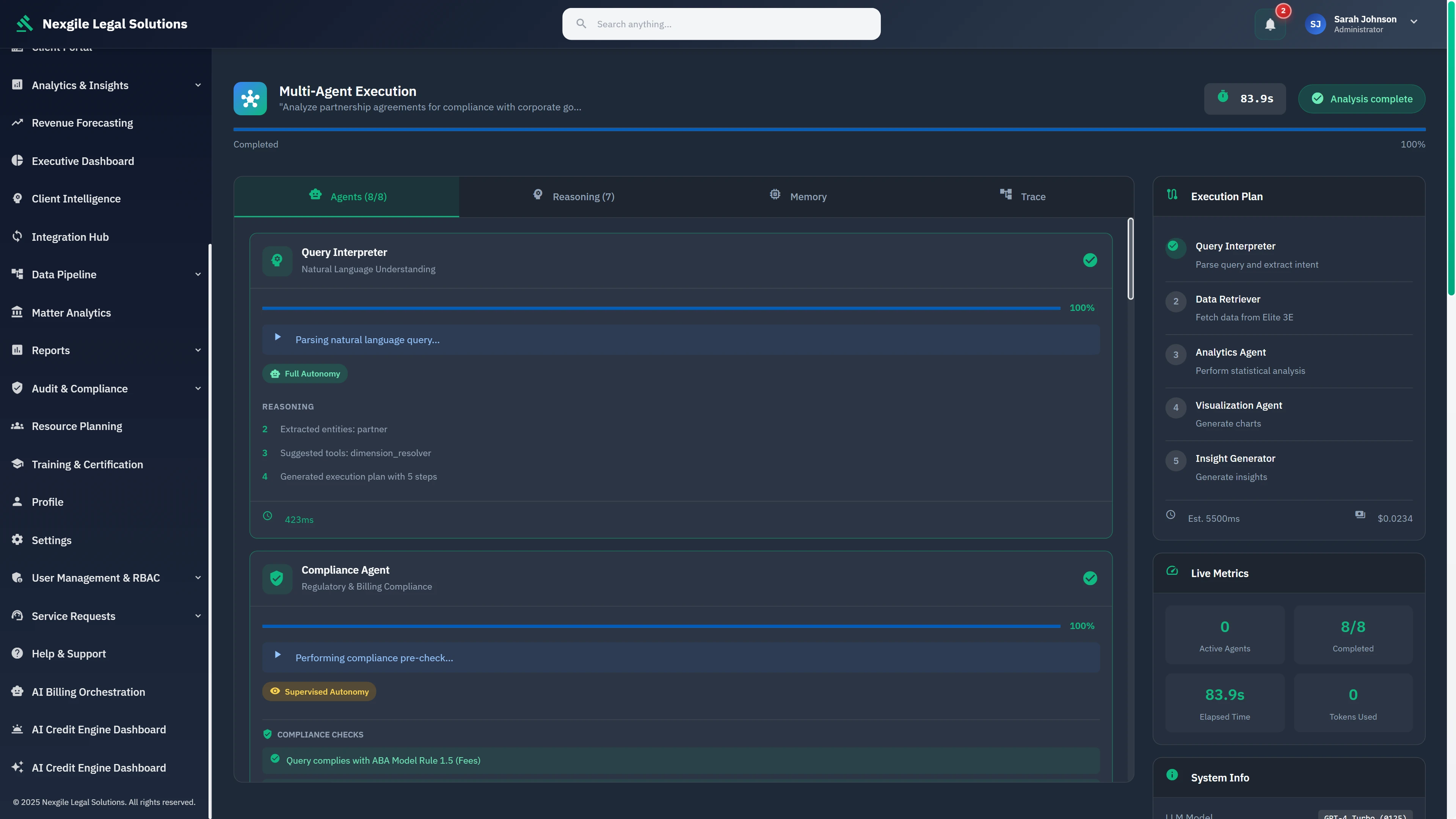 Multi-Agent Execution - Real-time orchestration visualization showing Query Interpreter and Compliance Agent processing natural language queries with execution plan, live metrics tracking 8 agents, and ReAct reasoning patterns