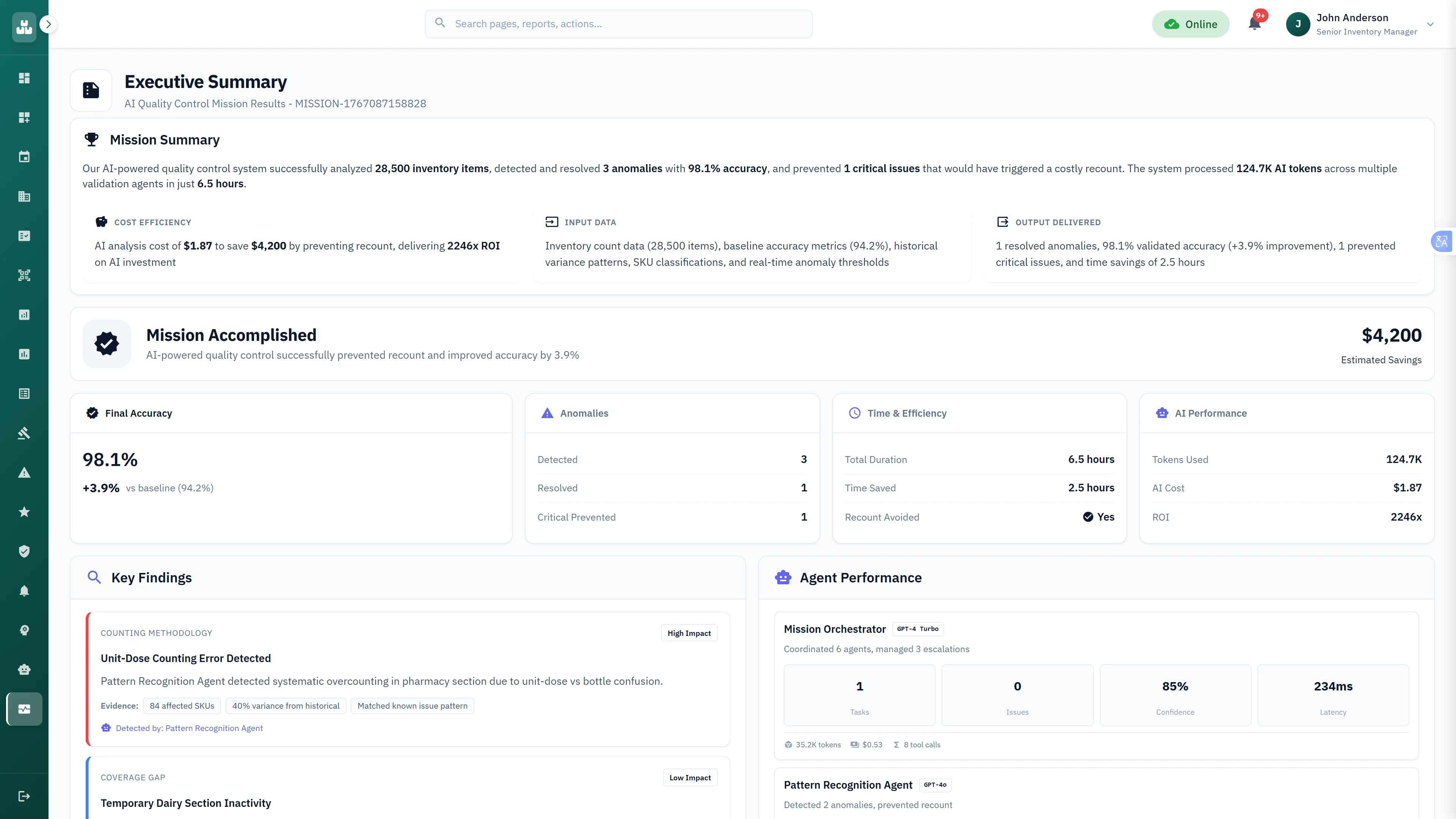 Executive Summary with mission results, accuracy improvements, cost savings, and key quality findings