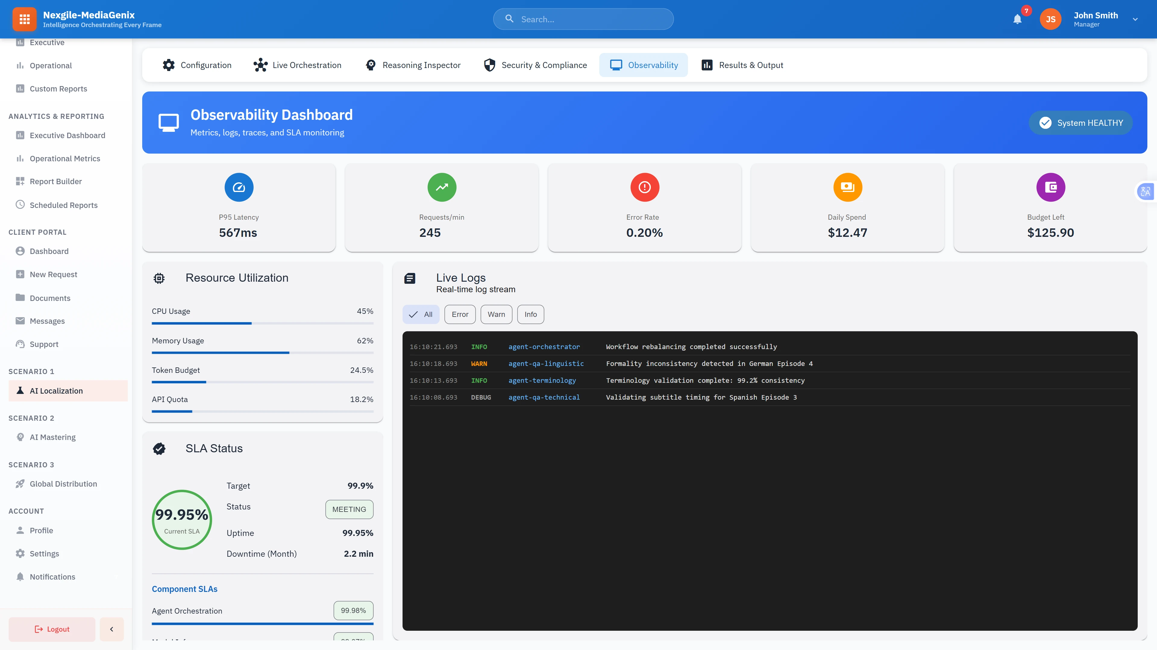 Observability Monitoring: Comprehensive metrics dashboard with P95 latency, resource utilization, SLA status, and real-time log streaming for production-grade system monitoring