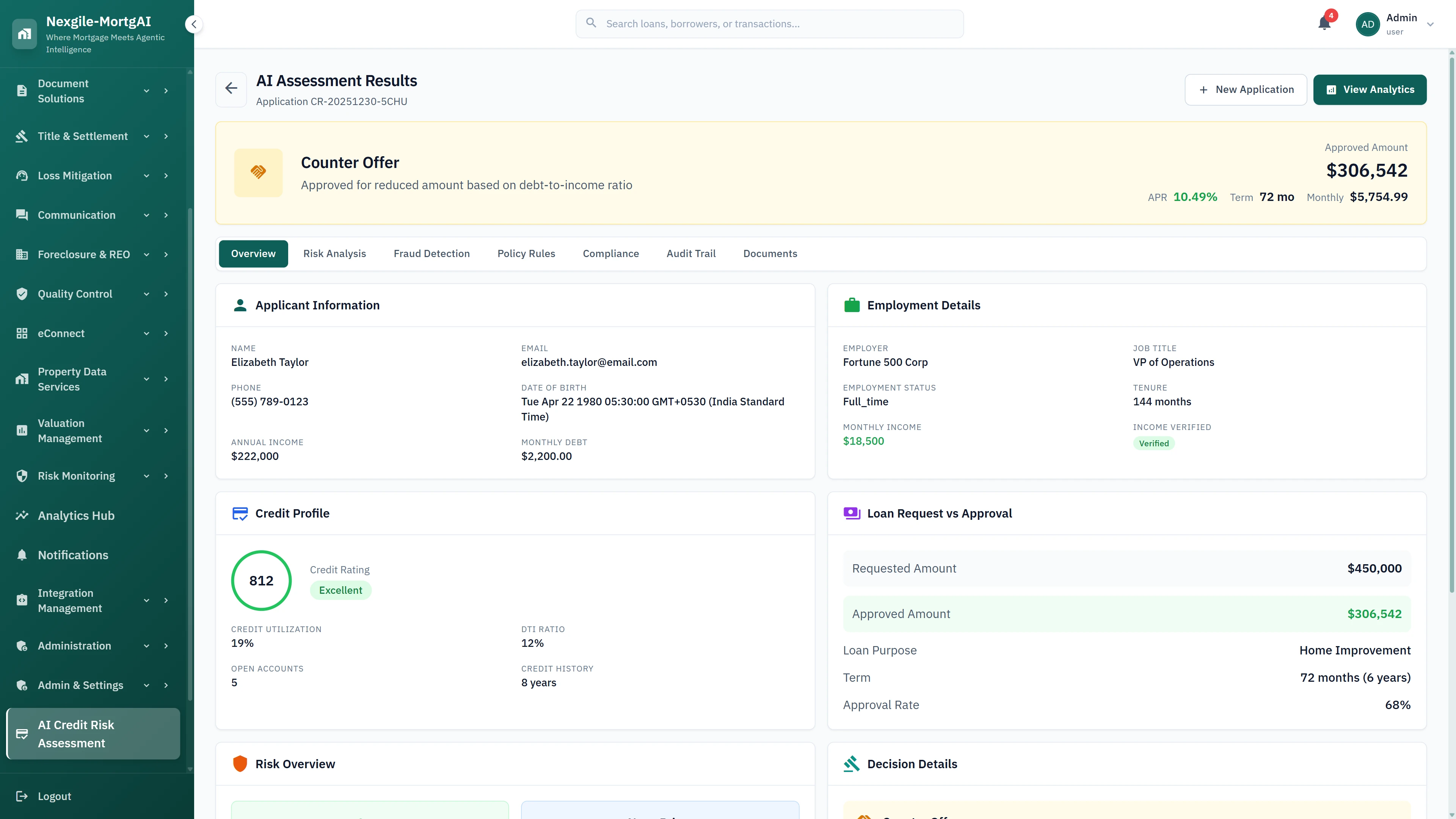 AI assessment results displaying counter offer decision with applicant details, credit profile score, employment verification, and loan terms