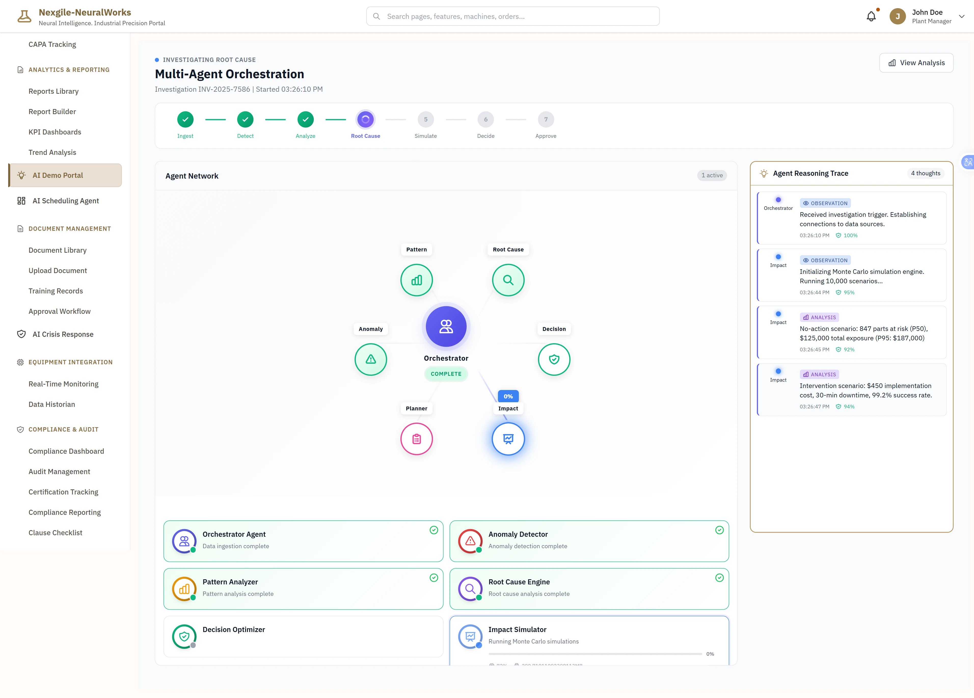 Multi-Agent Orchestration in Progress - Real-time visualization of the 11-agent collaborative investigation workflow progressing through seven stages (Ingest → Detect → Analyze → Root Cause → Simulate → Decide → Approve). Features interactive agent network diagram showing the Orchestrator Agent coordinating Pattern Analyzer, Anomaly Detector, Root Cause Engine, Decision Optimizer, Impact Simulator, and Action Planner. Includes Agent Reasoning Trace panel displaying live AI thought processes with timestamped observations, impact analysis showing 847 parts at risk with $125,000 exposure, and agent status cards indicating completion progress for each specialized agent