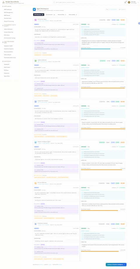 Agent Workspace - LLM Inference Traces and Tool Execution Details - Comprehensive observability dashboard with tabbed interface (LLM Inference selected, Tool Execution, Memory/RAG, Observability) displaying detailed execution traces for all 7 AI agents with color-coded agent icons. Shows Orchestrator Agent (claude-3, chain-of-thought enabled, temp=0.3, max_tokens=4096) with SYSTEM PROMPT defining role as supply chain crisis orchestrator responsible for coordinating multi-agent workflow, analyzing crisis parameters, and synthesizing results. Displays CHAIN OF THOUGHT reasoning showing comprehensive inventory analysis (Current stock: 247 units, Daily consumption: 82 units, Days of supply: 3.0 days, Safety threshold: 7 days, CRITICAL: Stockout risk identified within 72 hours) and recommended action for immediate supplier evaluation and alternative sourcing. Features Logistics Optimizer (gpt-4, chain-of-thought, temp=0.1, max_tokens=4000) with URGENT priority tag showing SYSTEM PROMPT for expedited transportation optimization using TMS APIs, analyzing carrier performance, and route alternatives. Includes AVAILABLE TOOLS section listing track_shipment, book_carrier, and analyze_routes with detailed JSON parameter specifications. Shows Supply Chain Analyzer (gpt-4, chain-of-thought, temp=0.2, max_tokens=4000) with URGENT priority displaying debugging inventory analysis output with PN-4472 data, consumption patterns, lead time variability analysis, and days-of-supply calculations. Presents Supplier Intelligence Agent (claude-3, chain-of-thought, temp=0.2, max_tokens=3500) with URGENT priority showing SYSTEM PROMPT for evaluating supplier alternatives, analyzing risk profiles using ML-based scoring, and assessing contract terms, with AVAILABLE TOOLS including query_supplier_portal and analyze_supplier_risk. Displays Decision Optimizer (claude-3, chain-of-thought, temp=0.0, max_tokens=3500) showing optimization execution details. Lists all agent cards with token usage and latency metrics, execution status, and tool parameters with JSON formatting showing input/output structures for supply chain crisis resolution tools