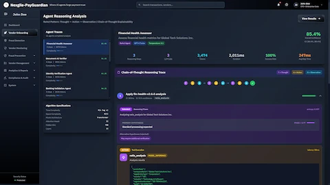 Agent Reasoning Analysis - Chain-of-Thought explainability using ReAct pattern (Thought → Action → Observation) showing Financial Health Assessor agent trace with algorithm specifications, confidence scoring, and detailed reasoning steps for vendor validation