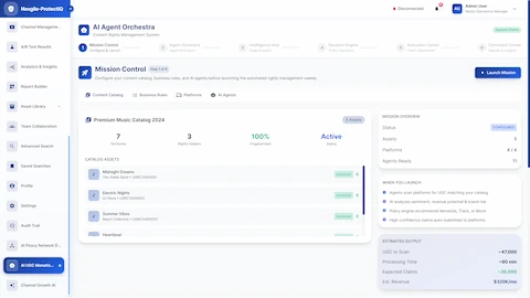 Mission Control configuration for content rights management showing music catalog setup, business rules, and estimated UGC processing output