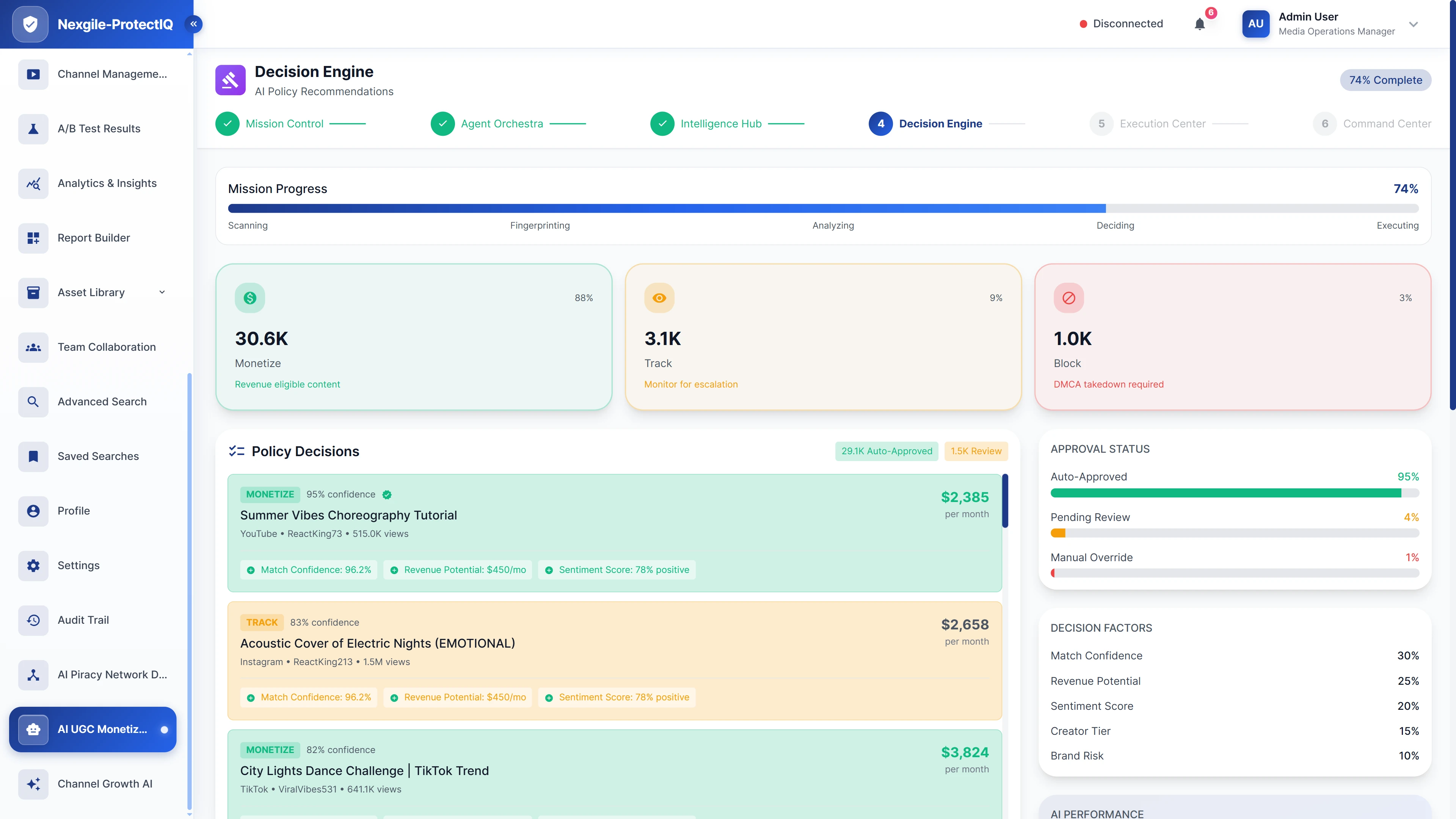 AI-powered Decision Engine showing policy recommendations with confidence scores, revenue potential, and sentiment analysis