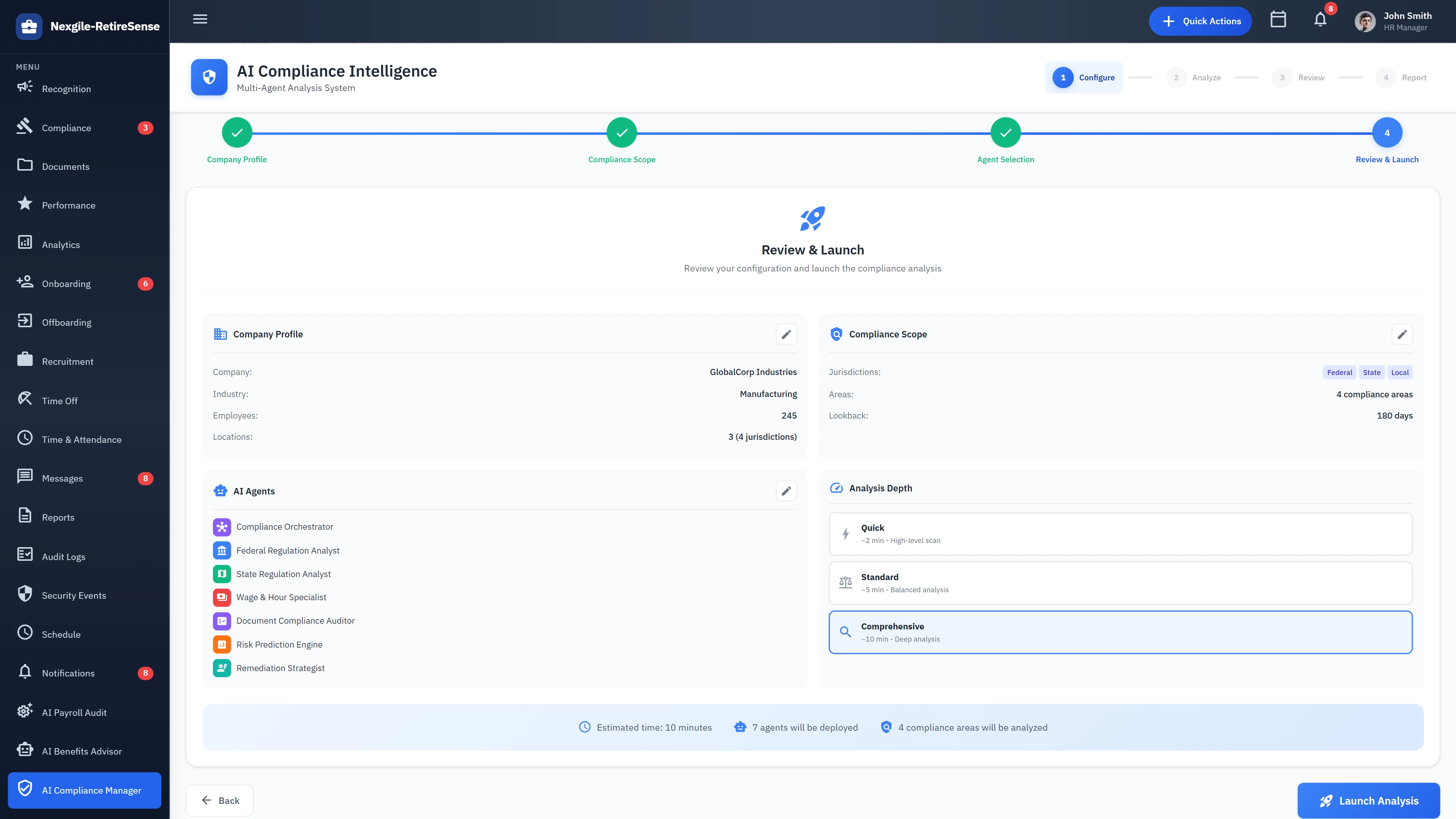 Compliance Configuration - Company profile, compliance scope, agent selection, and analysis depth settings