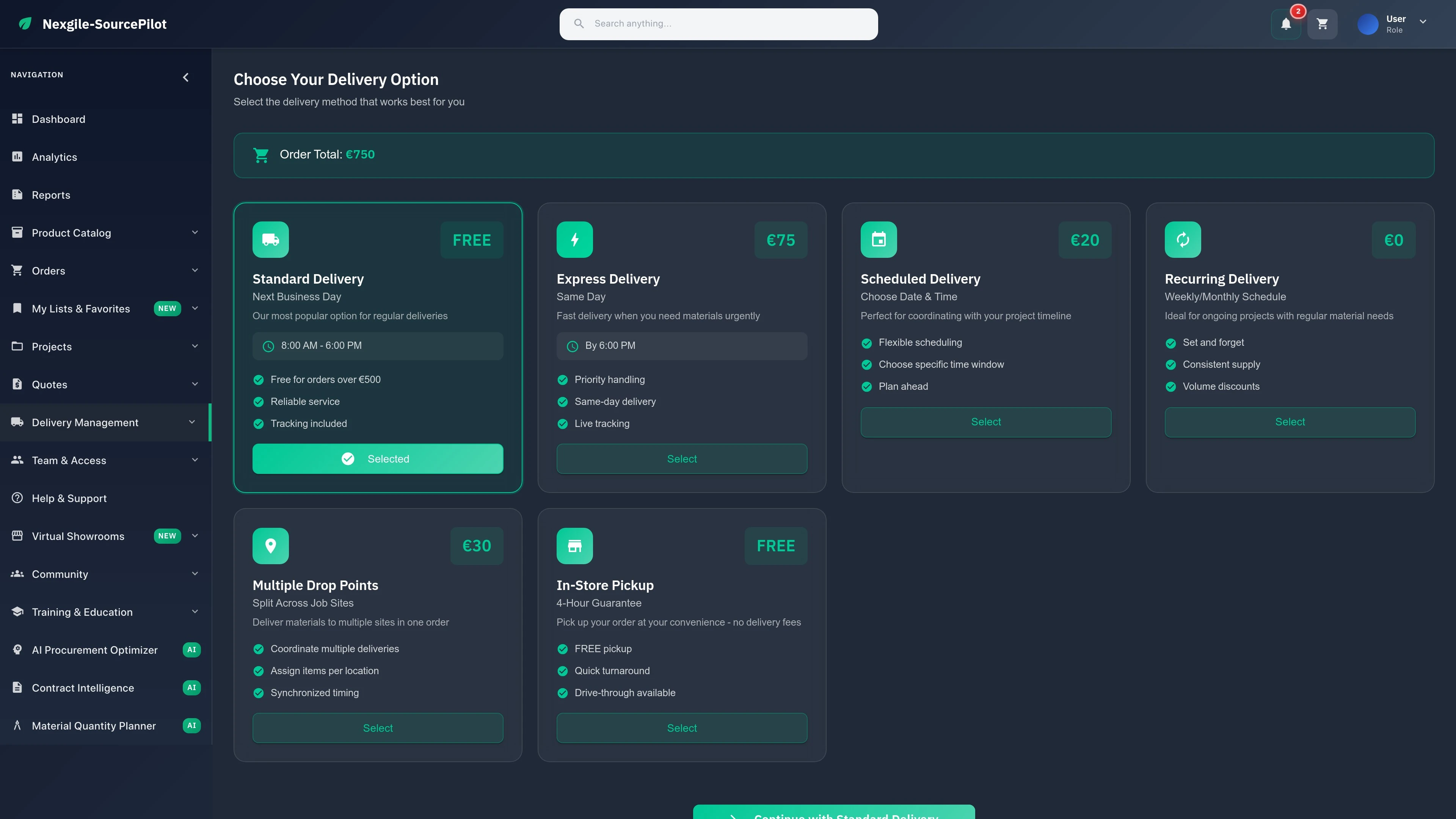 Delivery options interface showing available delivery windows and scheduling features