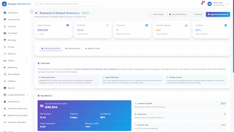 Executive Briefing - Campaign summary with projected revenue impact, ROI metrics, customer targeting, and key performance achievements