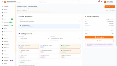 Create Emergency Staffing Request - Client info, job requirements, certification selection, and cost estimation