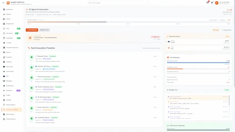 AI Agent Orchestration Timeline - Multi-agent collaboration with tool invocations, live telemetry, and token metrics