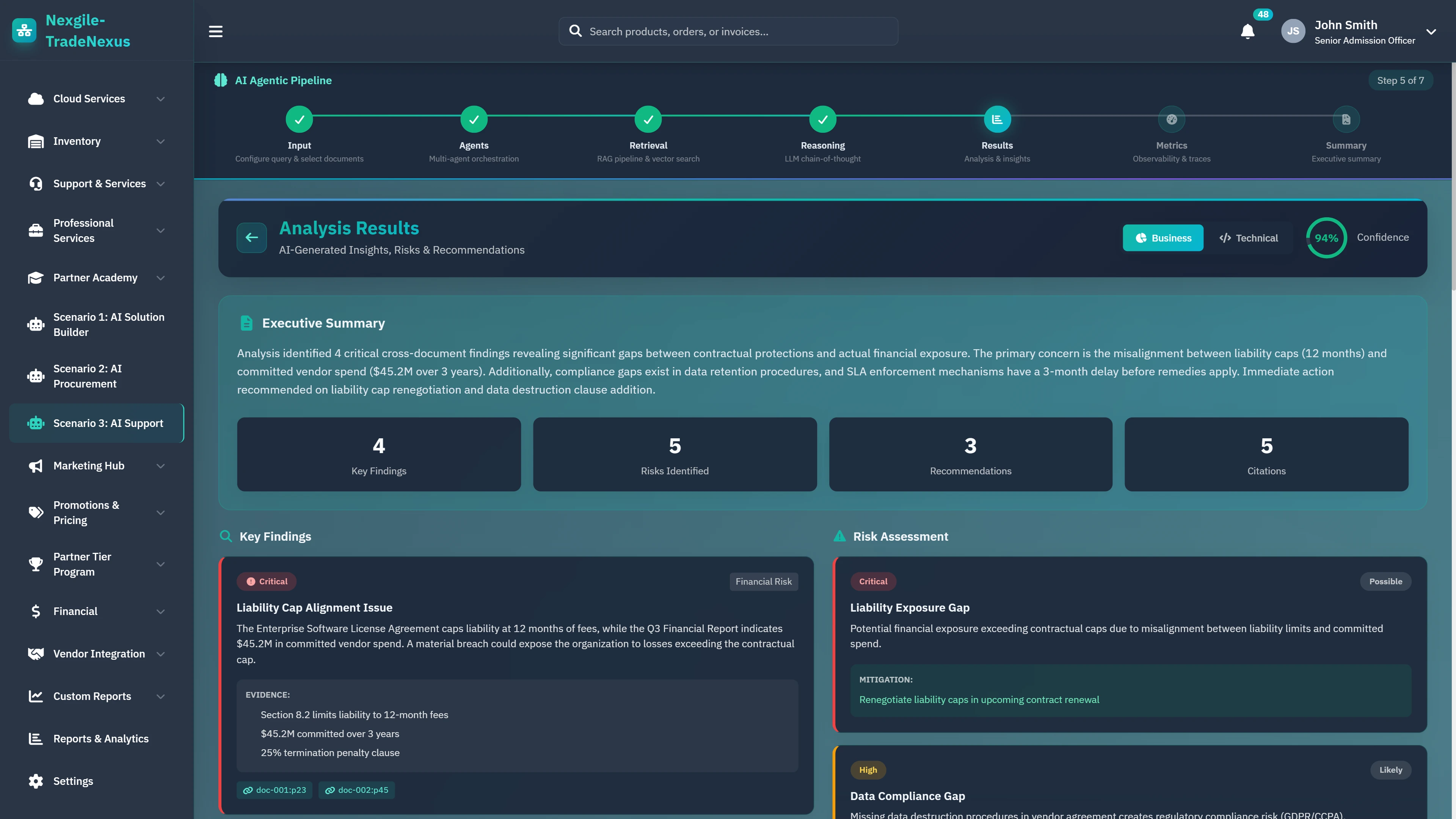 Analysis Results - Executive summary with key findings, risk assessment, recommendations, and document citations